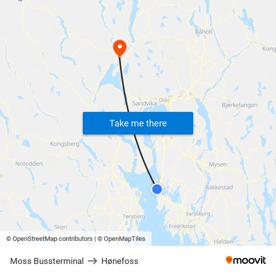 Moss Bussterminal to Hønefoss map