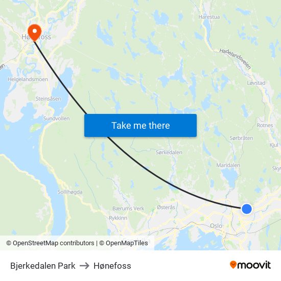 Bjerkedalen Park to Hønefoss map