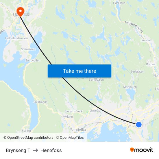 Brynseng T to Hønefoss map