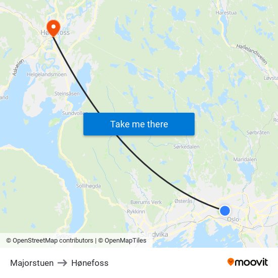 Majorstuen to Hønefoss map