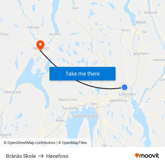 Brånås Skole to Hønefoss map