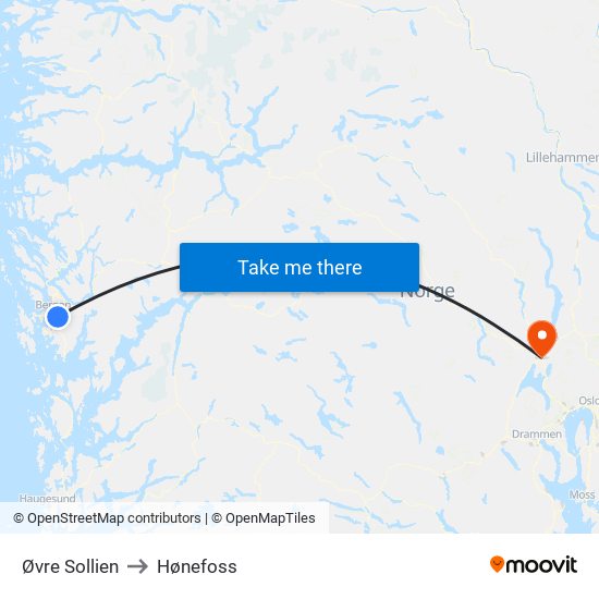 Øvre Sollien to Hønefoss map