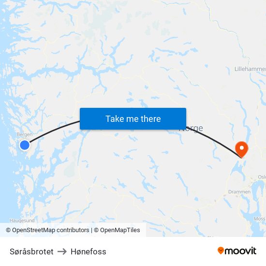 Søråsbrotet to Hønefoss map