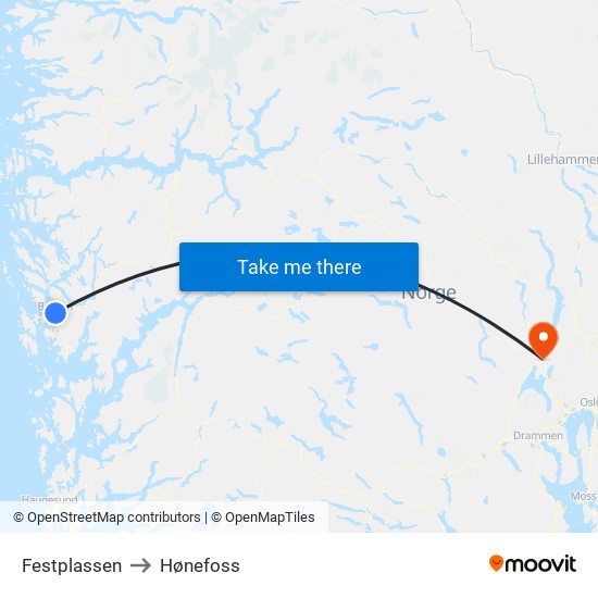 Festplassen to Hønefoss map