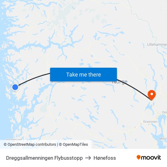 Dreggsallmenningen Flybusstopp to Hønefoss map