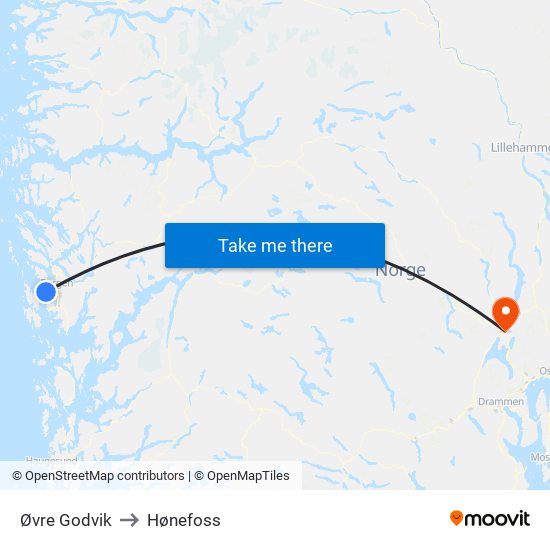 Øvre Godvik to Hønefoss map