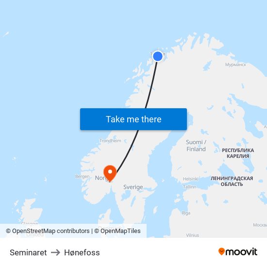 Seminaret to Hønefoss map