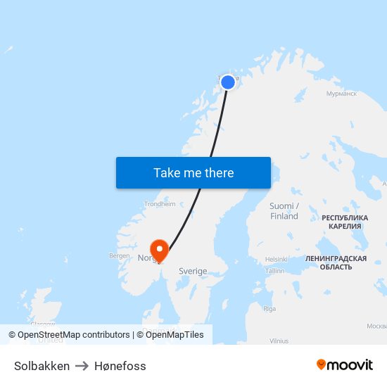 Solbakken to Hønefoss map