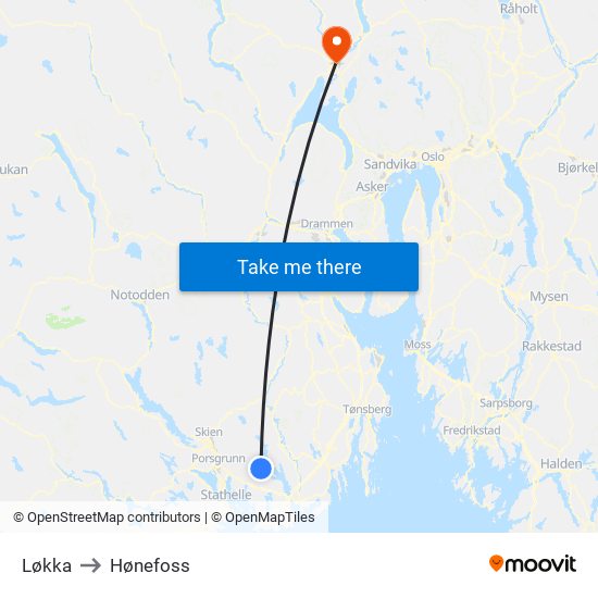 Løkka to Hønefoss map