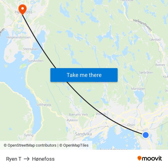 Ryen T to Hønefoss map