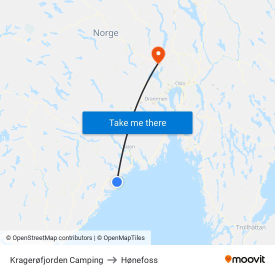 Kragerøfjorden Camping to Hønefoss map