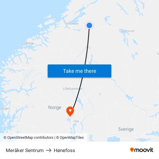 Meråker Sentrum to Hønefoss map