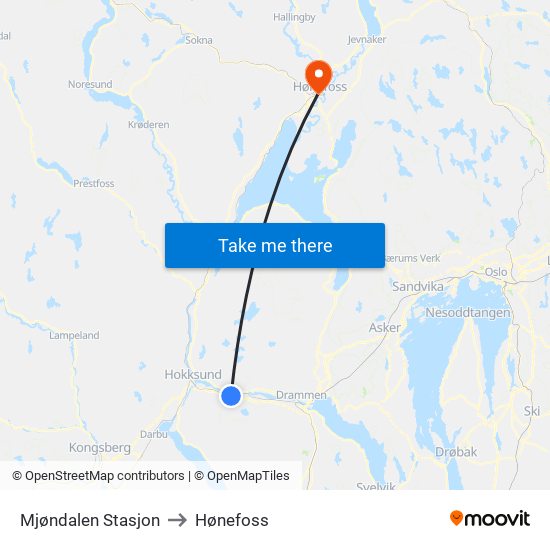 Mjøndalen Stasjon to Hønefoss map