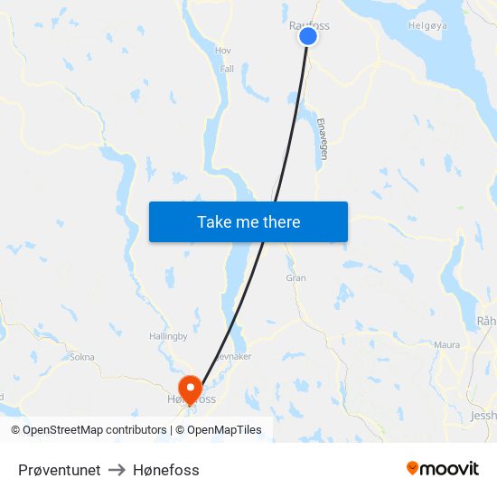 Prøventunet to Hønefoss map