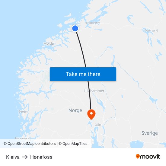 Kleiva to Hønefoss map