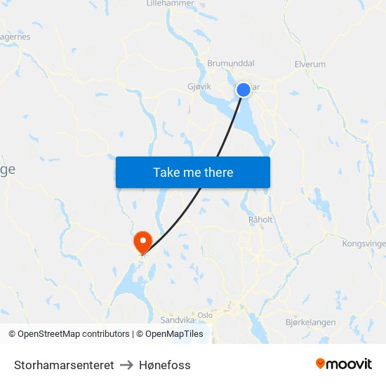 Storhamarsenteret to Hønefoss map