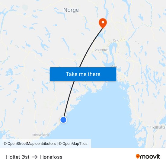 Holtet Øst to Hønefoss map