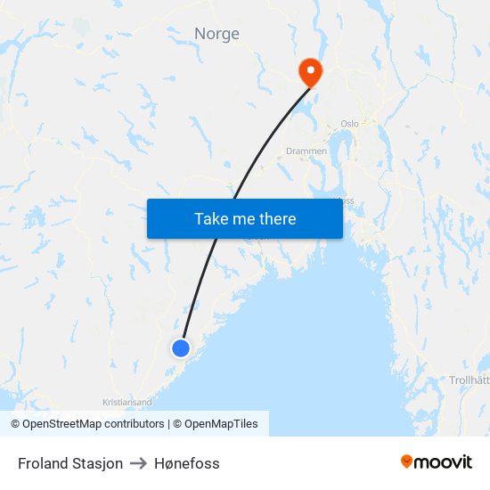 Froland Stasjon to Hønefoss map