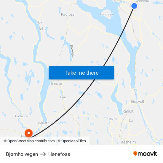 Bjørnholvegen to Hønefoss map