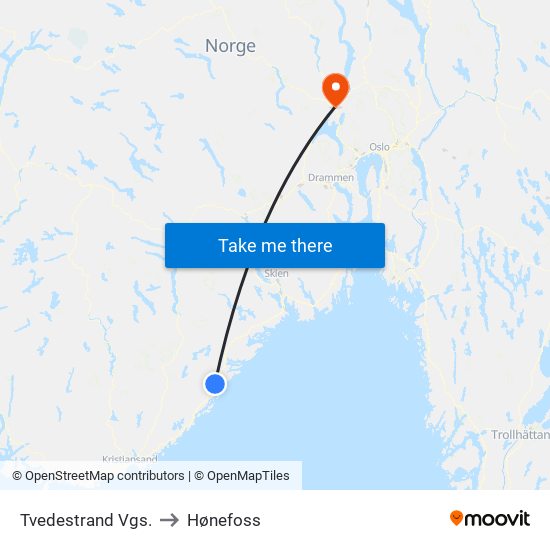 Tvedestrand Vgs. to Hønefoss map