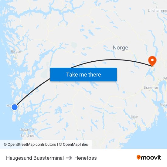 Haugesund Bussterminal to Hønefoss map