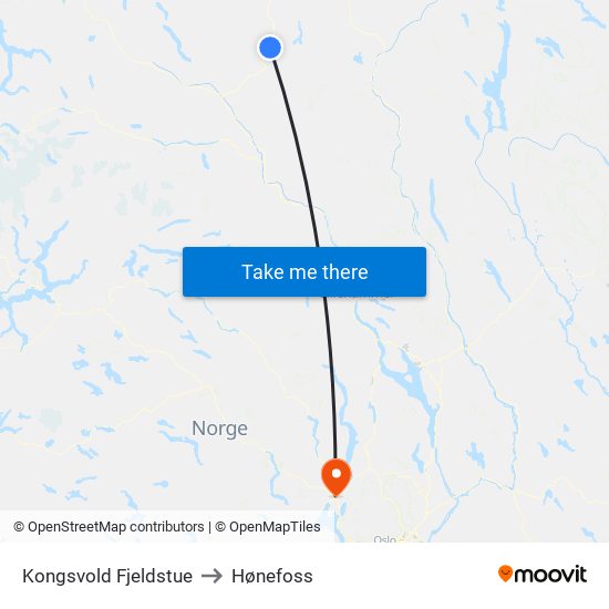 Kongsvold Fjeldstue to Hønefoss map