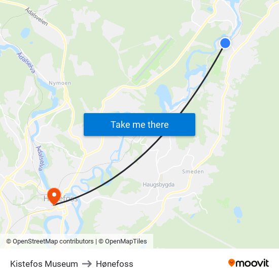 Kistefos Museum to Hønefoss map