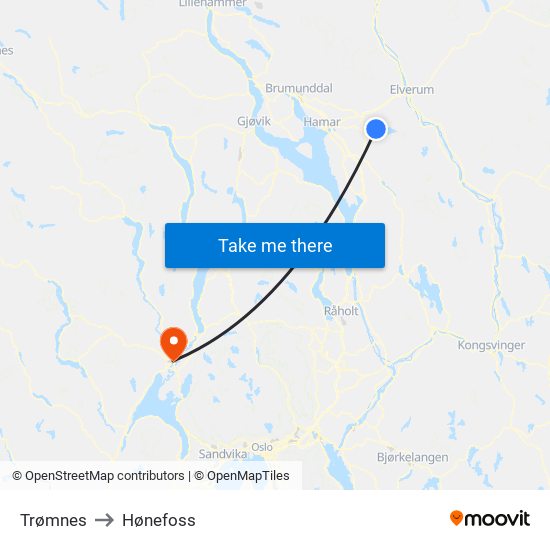 Trømnes to Hønefoss map