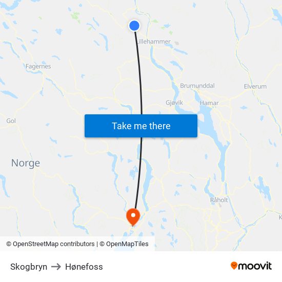 Skogbryn to Hønefoss map