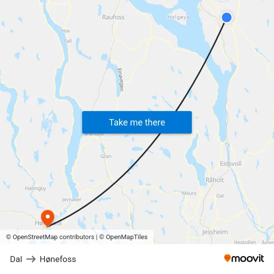 Dal to Hønefoss map