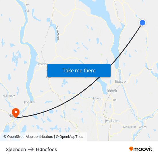 Sjøenden to Hønefoss map