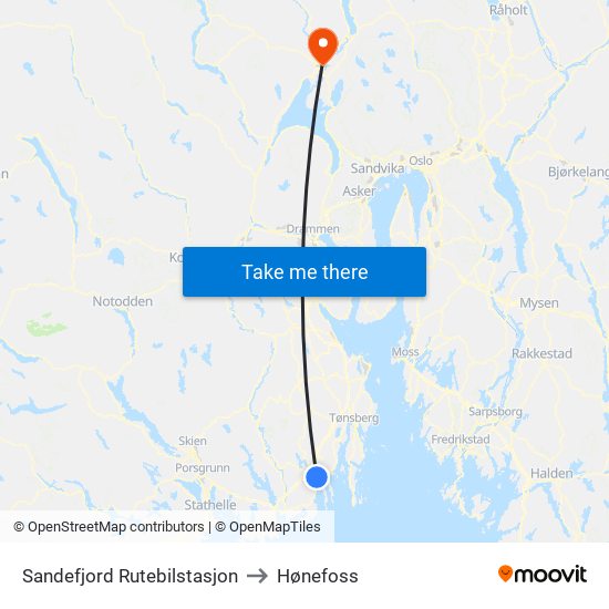 Sandefjord Rutebilstasjon to Hønefoss map