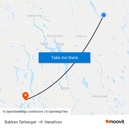 Bakken Tørberget to Hønefoss map