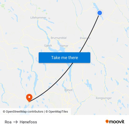 Roa to Hønefoss map