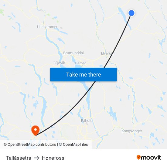 Tallåssetra to Hønefoss map