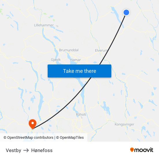 Vestby to Hønefoss map