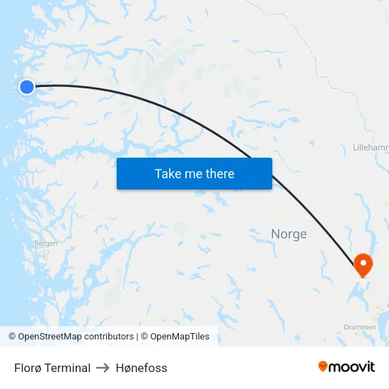 Florø Terminal to Hønefoss map