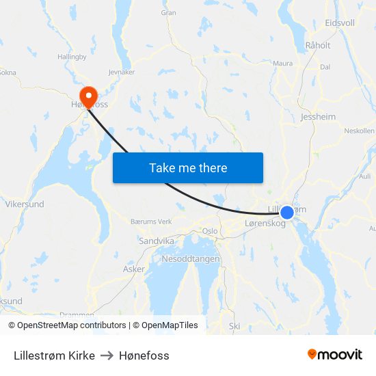Lillestrøm Kirke to Hønefoss map