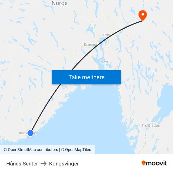 Hånes Senter to Kongsvinger map