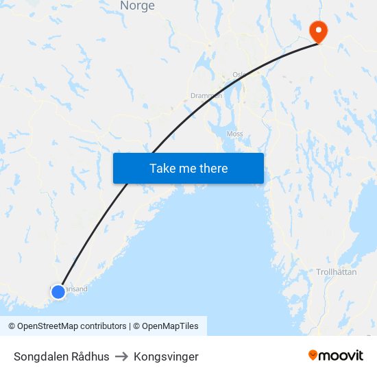 Songdalen Rådhus to Kongsvinger map