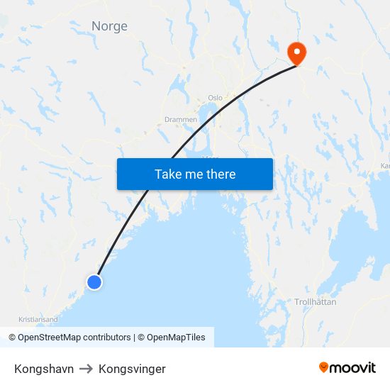 Kongshavn to Kongsvinger map
