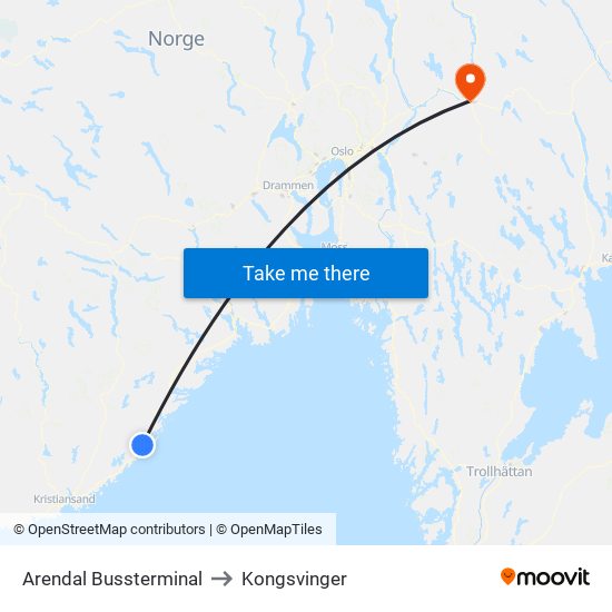 Arendal Bussterminal to Kongsvinger map