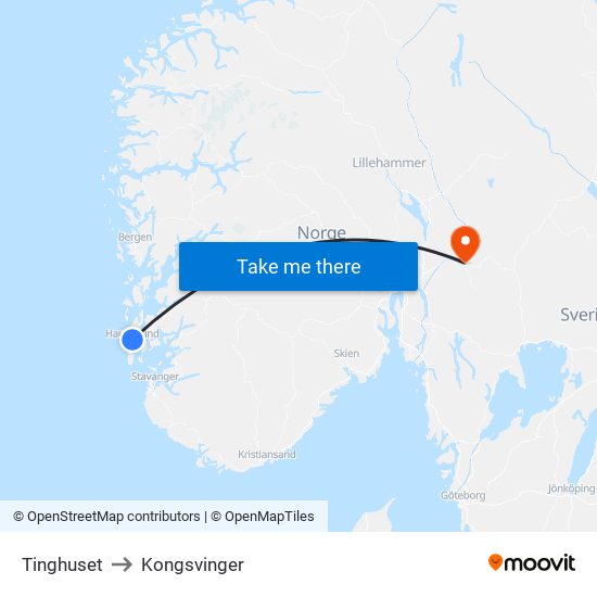 Tinghuset to Kongsvinger map