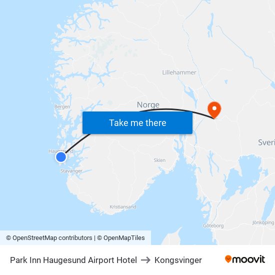 Park Inn Haugesund Airport Hotel to Kongsvinger map