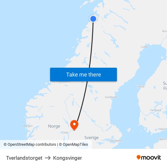 Tverlandstorget to Kongsvinger map