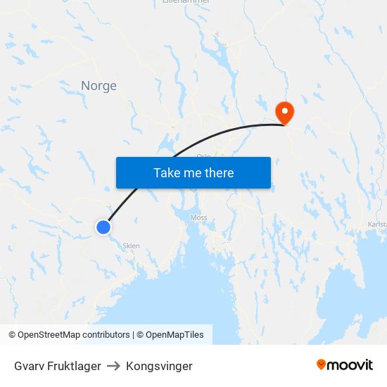 Gvarv Fruktlager to Kongsvinger map