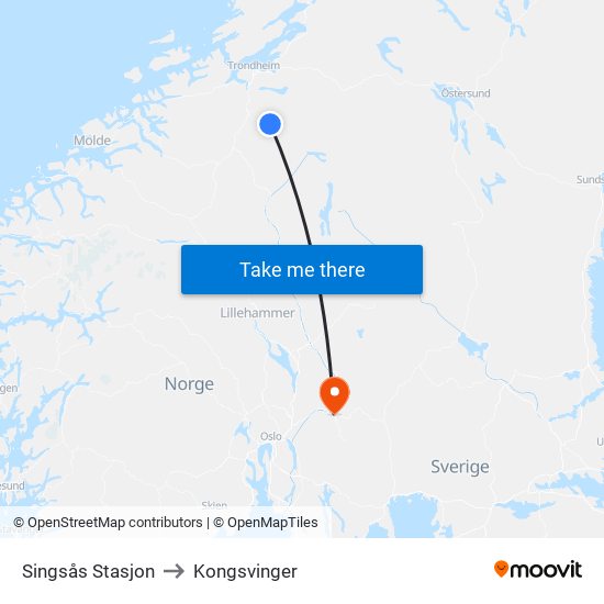 Singsås Stasjon to Kongsvinger map