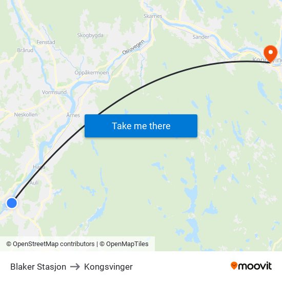 Blaker Stasjon to Kongsvinger map