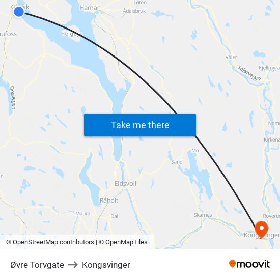 Øvre Torvgate to Kongsvinger map