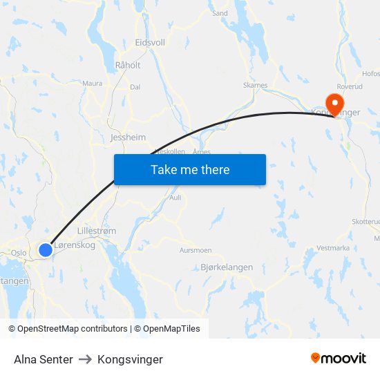 Alna Senter to Kongsvinger map